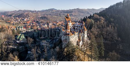 Bran Castle Dracula Castle In Transylvania In Romania. Panoramic View