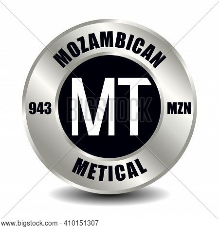 Mozambique Money Icon Isolated On Round Silver Coin. Vector Sign Of Currency Symbol With Internation