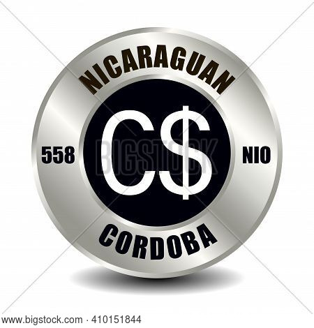 Nicaragua Money Icon Isolated On Round Silver Coin. Vector Sign Of Currency Symbol With Internationa