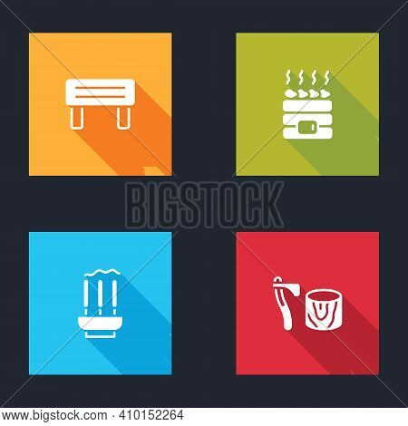 Set Sauna Wood Bench, Hot Sauna Stones, Incense Sticks And Wooden Axe In Stump Icon. Vector