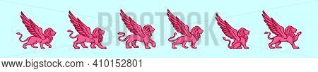 Set Of Winged Lion Cartoon Icon Design Template With Various Models. Modern Vector Illustration Isol