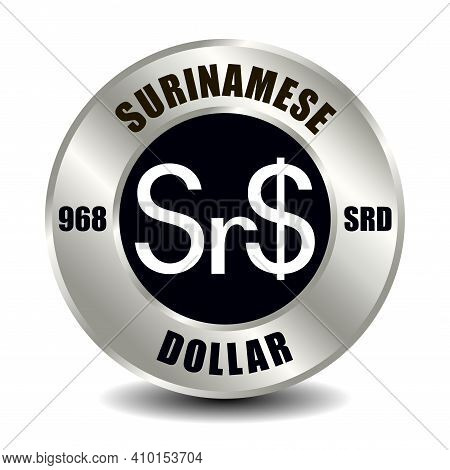 Suriname Money Icon Isolated On Round Silver Coin. Vector Sign Of Currency Symbol With International