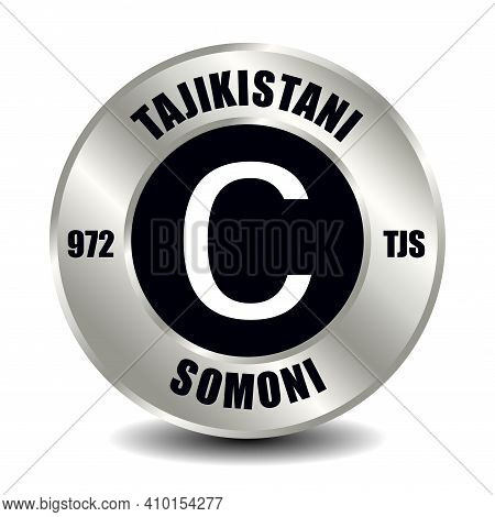 Tajikistan Money Icon Isolated On Round Silver Coin. Vector Sign Of Currency Symbol With Internation
