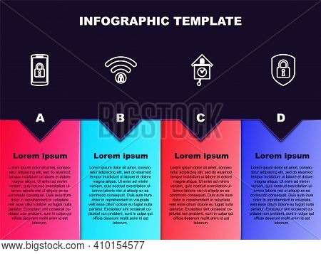 Set Line Smartphone With Lock, Wifi Locked, Retro Wall Watch And Shield Security. Business Infograph