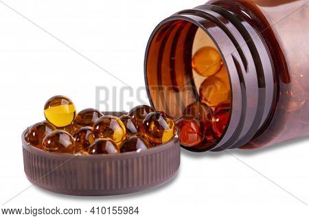 Krill Oil Or Fish Oil Capsules In A Bottle, Vitamin D Omega-3, Element Of A Useful Product
