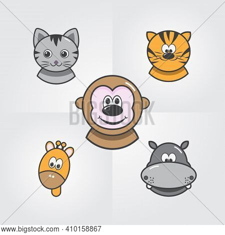 Animal Face Set. Vector Illustration. A Funny Template Design To Kids