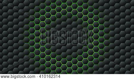 Abstract Black Hexagon Pattern On Green Neon Background Technology Style. Honeycomb.