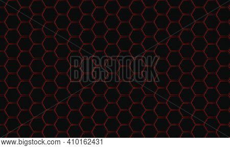 Abstract Red Line Hexagon On Dark Grey Mesh Pattern Design Modern Futuristic Background