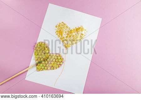 Diy And Kids Creativity. Drawing Greeting Card With Heart Using Bubble Wrap. Children Craft For Vale