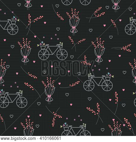 Bicycles And Pink Flower Stems And Bouquet Seamless Repeating Pattern With Sky Dark Peacock Colour B