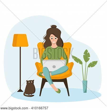 Freelancer, Girl With Laptop Sitting On The Armchair.