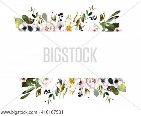 Frame With Flowers And Leaves On White Background. Waterclolor Floral Illustration.