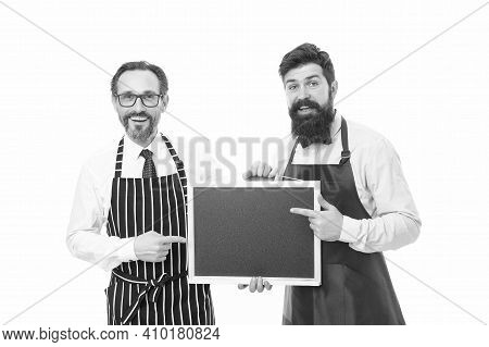 Cafe And Restaurant Opening. Menu Planning. Happy Chef Team In Apron. Catering Business. Welcome On 