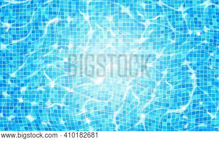 Swimming Pool Water Background With Caustic Ripple And Sunlight Glare Effect. Aquatic Surface With W