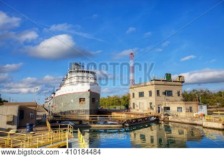 A View Of Lake Freighter Moving Through The Welland Canal In Canada