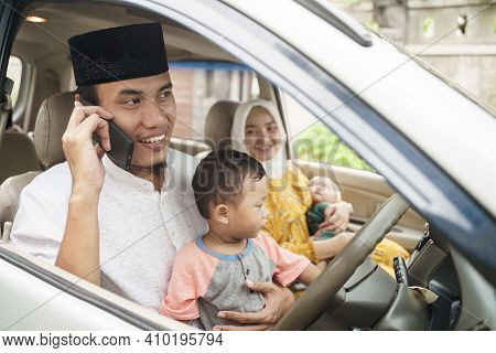 Muslim Family Travel By Car During Eid Mubarak Celebration