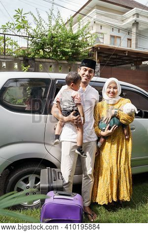 Muslim Family Travel By Car During Eid Mubarak Celebration