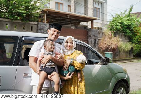 Muslim Family Travel By Car During Eid Mubarak Celebration