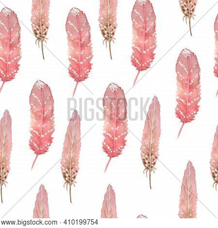 Watercolor Seamless Pattern With Pink And Brown Boho Bohemian Feathers. Tribal Tribe Traditional Des