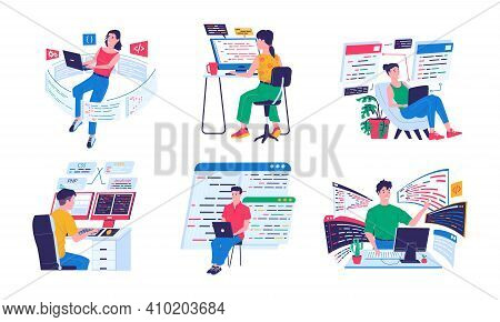 Programmer And Coders. Backend Software Engineers Working With Computers And Laptops In Comfortable 