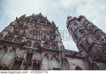 Below View Of Beautiful St. Elisabeth Cathedral In Kosice On Cloudy Sky Background. St. Elisabeth Ca