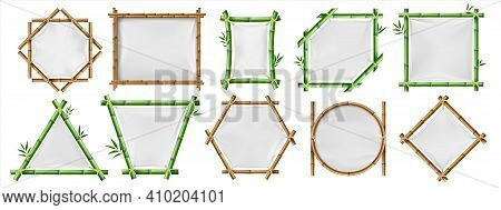 Bamboo Banners. Realistic Wooden Frames With White Textile, 3d Blank Japanese Posters With Copy Spac