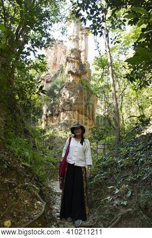 Travelers Thai Women People Walking Travel Visit Pha Chor Canyon Cliffs And Trekking Hiking On Natur
