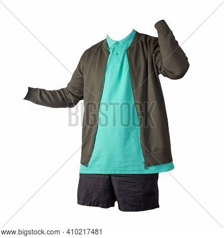 Mens Dark Green Knitten Bomber Jacket, Green Shirt And Black Sports Shorts Isolated On White Backgro