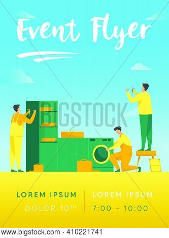 Handyman Working At Customer Home. Repair Man Fixing Washing Machine, Hammering Nails. Vector Illust