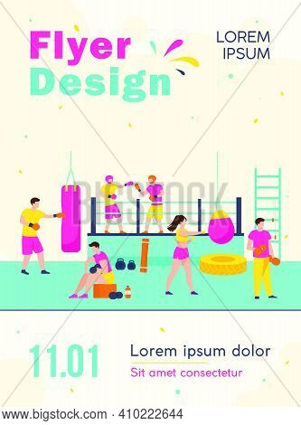 Men And Women Training In Boxing Club, Exercising With Punch Bags, Sparing On Ring, Lifting Weight. 