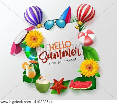 Hello Summer Vector Banner Template. Hello Summer Enjoy Every Moment Text In White Space With Beach 