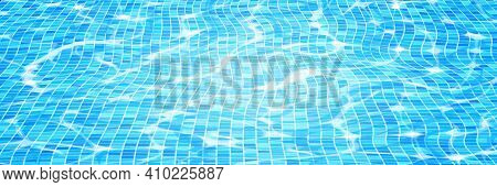 Swimming Pool Water Background With Caustic Ripple And Sunlight Glare Effect. Aquatic Surface With W