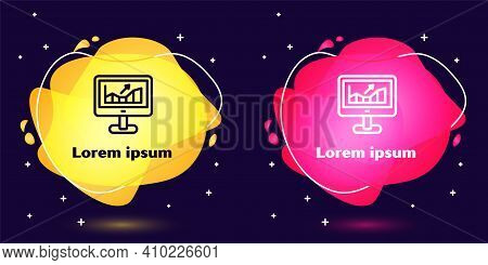 Set Line Computer With Stocks Market Growth Graphs And Money Icon Isolated On Blue Background. Monit