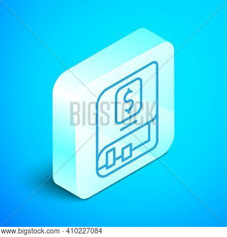 Isometric Line Financial Book Icon Isolated On Blue Background. Silver Square Button. Vector