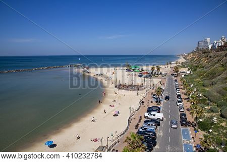 Israel, Netanya, March, 2016 - Scenic Landscape Of Mediterranean Coast Of Netanya City, Israel. View