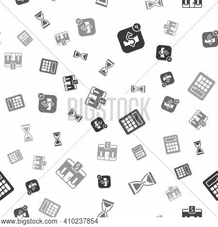 Set Mobile Stock Trading, Old Hourglass, Calculator And Bank Building On Seamless Pattern. Vector