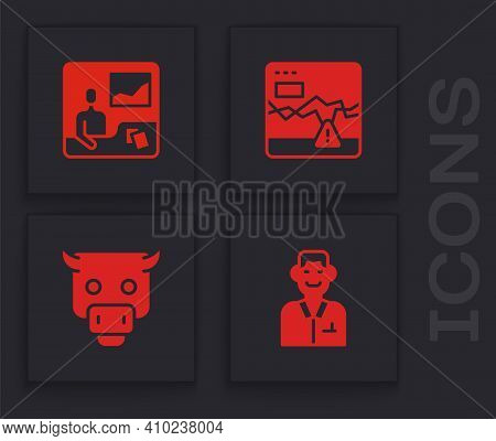 Set Trader, Trading Courses, Failure Stocks Market And Bull Icon. Vector