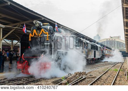 Bangkok, Thailand - March 26, 2019: Antique Stream Locomotive's Starting Up For Special Train In Mem