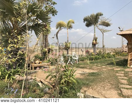 Kampong Spue, Cambodia, February 28,2021: The Garden Front Of The Bamboo House.