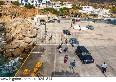 Sikinos, Greece - September 26, 2020: Thirists Boarding The Ferry In The Port On The Island Of Sikin