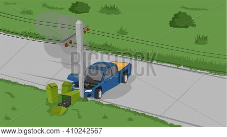 Accident In A Pickup Truck Crashed Into Electric Poles And Trash. On The Rural Road Area Made Of Con