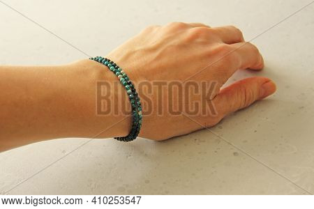 Chrysocolla Bracelet. Bracelet Made Of Stones On Hand From Natural Stone Chrysocolla. Bracelet Made
