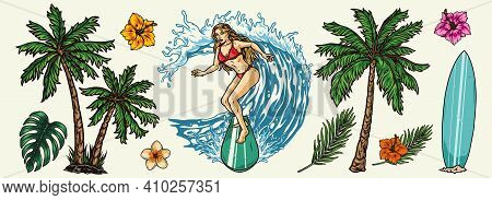 Surfing Vintage Colorful Composition With Pretty Woman Riding Wave Surfboard Palm Trees Exotic Flowe