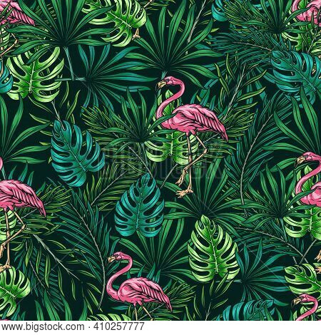 Tropical Colorful Vintage Seamless Pattern With Pink Flamingo Green Monstera And Palm Leaves Vector 