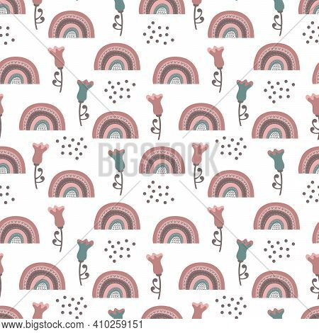 Cute Abstract Rainbow And Flowers Seamless Pattern Background. Hand Drawn Flat Style Printing For Fa