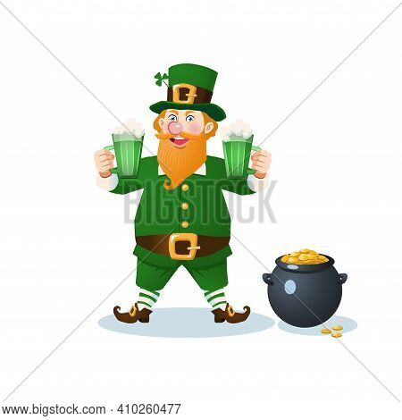 Cheerful Leprechaun With Two Mugs Of Green Beer