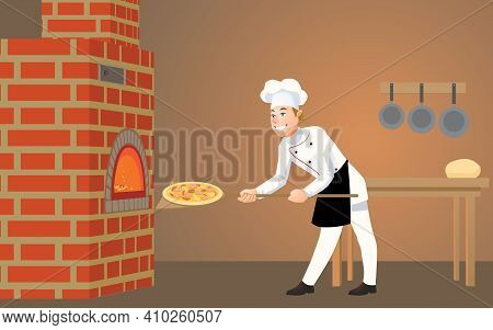 A  Young Chef Prepares A Pizza, Putting It In The Oven. Vector Illustration.
