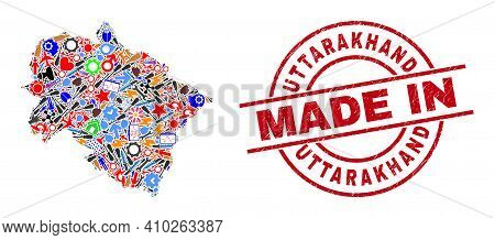 Technical Uttarakhand State Map Mosaic And Made In Grunge Rubber Stamp. Uttarakhand State Map Mosaic