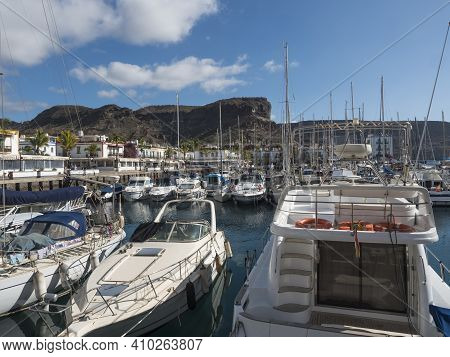 Puerto De Mogan, Gran Canaria, Canary Islands, Spain December 18, 2020: Marina With Sailing Ships An