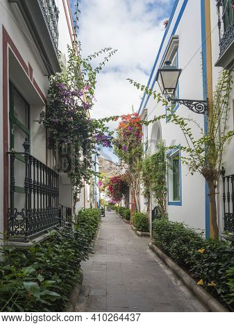 Puerto De Mogan, Gran Canaria, Canary Islands, Spain December 18, 2020: Traditional Colorful Houses 